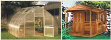 Small shed and a greenhouse. Click image for more info on anchoring greenhouses